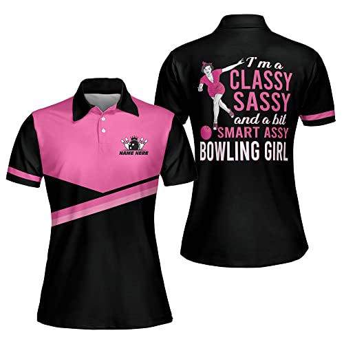 LASFOUR Custom Bowling Shirts Short Sleeve Polo for Women, Funny I'm a Classy Sassy and a Bit Smart Assy Bowling Girl Bowling Shirts for Women, Vintage Bowling Shirts for Women