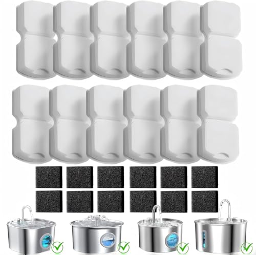 Cat Water Fountain Filter 24 Pcs Replacement Filters for Gioto-hun S11 Cat Water Fountain Stainless Steel, 12 Packs Pet Fountain Filters & Sponges, 4-Layer Filtration Systems, Set Easy-Swap