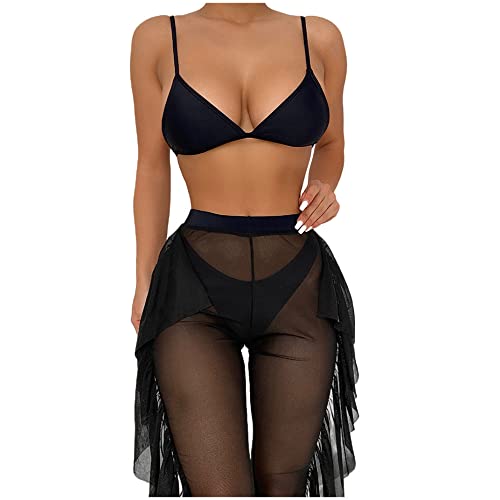 Bikini trois pièces avec pantalon à volants fluide maillot de bain noir uni