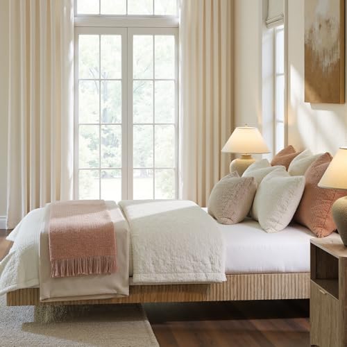 Image of Evermagin Oak Queen Floating Bed Frame with led Lights, Fluted 14In High Platform Bed No Headboard, Heavy Duty Mid Century Modern Float Metal Bedframe, No Box Spring Needed (Oak, Queen-14in high)