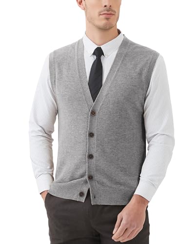 Kallspin Cardigan Homme Mélangé de Laine sans Manches et Col en V Profond Tricoté avec des Boutons (Gris Clair, XL)