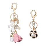 yueton 1 Set Imitation Pearl Black Rose Keychain Pink Flower Tassel Rinestone Keychain Set for Women Bag Pendant Key Ring Charms