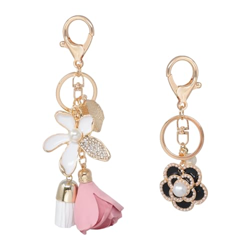 yueton 1 Set Imitation Pearl Black Rose Keychain Pink Flower Tassel Rinestone Keychain Set for Women Bag Pendant Key Ring Charms
