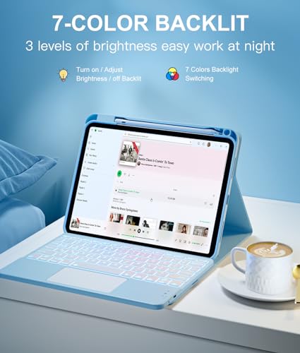 Image of Harvopu Compatible for iPad 11th 10th Generation Case with Keyboard, Folio Cover with Pencil Holder, Multi-Touch Trackpad, 7 Color Backlit, Detachable Keyboard for iPad (A16) 11th /10th Gen (Sky Blue)