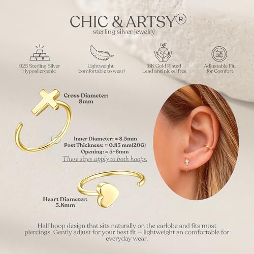 Image of CHIC & ARTSY 925 Sterling Silver Half Hoop Earrings for Women, Small Huggie Hoops Set with Ball Bar Star Moon Cross & Pearl, Lightweight Comfort Fit Everyday & Sleep Earrings