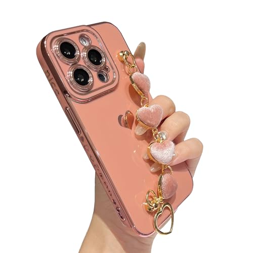 Coque rose iPhone 15 Pro à bracelet cœur pour sorties et soirées