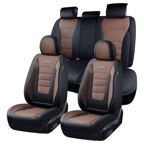 Image of Coverado Car Seat Covers Full Set, Nappa Leather Seat Covers for Cars, Car Seat Protector Car Seat Cushion, Front and Back Seat Protectors Cushions Universal Fit for Most Cars Vehicles(Black&Coffee)