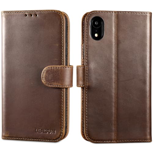 Coque iPhone XR en cuir véritable Lensun étui portefeuille marron