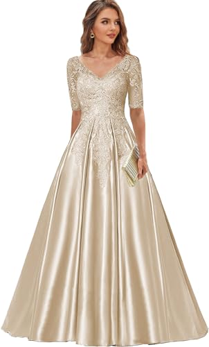 Satin Mother of The Bride Dresses for Wedding Lace Evening Dress with Sleeves Long Formal Party Gown