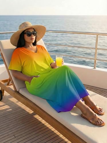 Image of SUZONANA Women Casual T-Shirt Dress V Neck Short Sleeve Solid Color Oversize Dress with Front Two Pockets