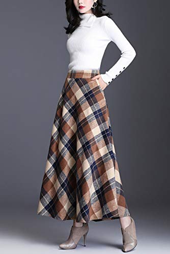 ebossy Women's Vintage High Waist Wool Blend Plaid A-Line Long Maxi Skirt with Pocket (Large, Khaki) - Image 3