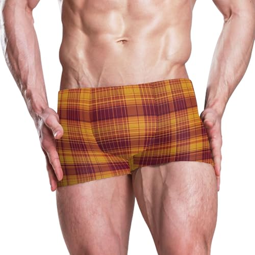 Orange Buffalo Check Plaid Mens Swim Trunk Swimwear Bathing Suit Swim Brief Square Leg Board Short S B04036582
