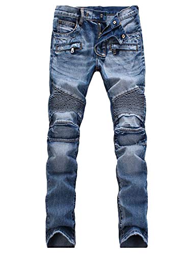Andongnywell Men's Distressed Slim Fit Biker Jeans Ripped Stretched Denim Pants Destroyed Skinny Fit Zipper Trousers