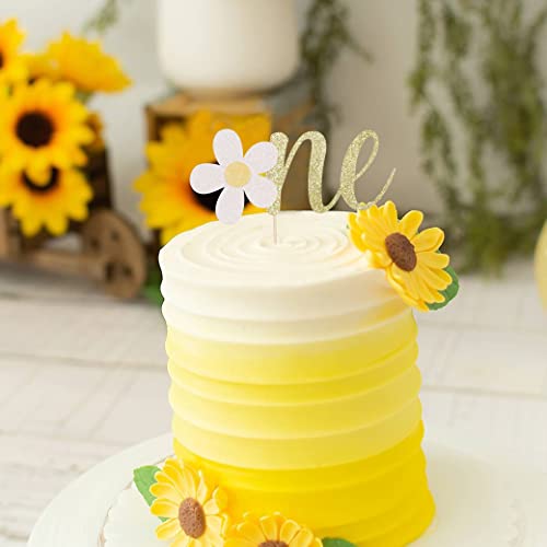 Yesswl One Cake Topper For 1St Birthday - Flower Gold Glitter One Sign First Birthday Decoration For Baby 1St Birthday Party, Baby Shower, Baby Gender Show Or Baby Photo Booth Props #TOP3