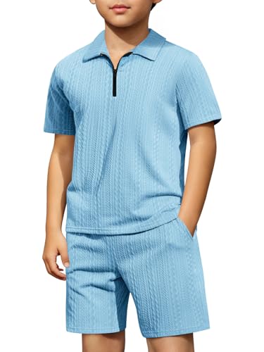 Haloumoning Boys 2 Piece Summer Outfits Kids Quarter Zip Polo Shirt and Shorts Set Athletic Tracksuit 5-14 Years