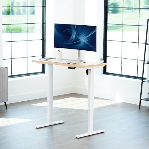Image of VIVO Light Wood 43 x 24 in Standing Desk, DESK-1W4C | Electric, Holds 220 lbs, Sit Stand Up, Height Adjustable, Home Office, Memory Presets, 1B Series, White Frame