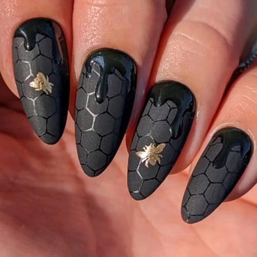 Halloween Press on Nail Almond Fake Nails Black Nails with Spider Web Bee designs Blood Stick on Nail Full Cover Acrylic Nail False Nails for Women Girls Manicure 24pcs