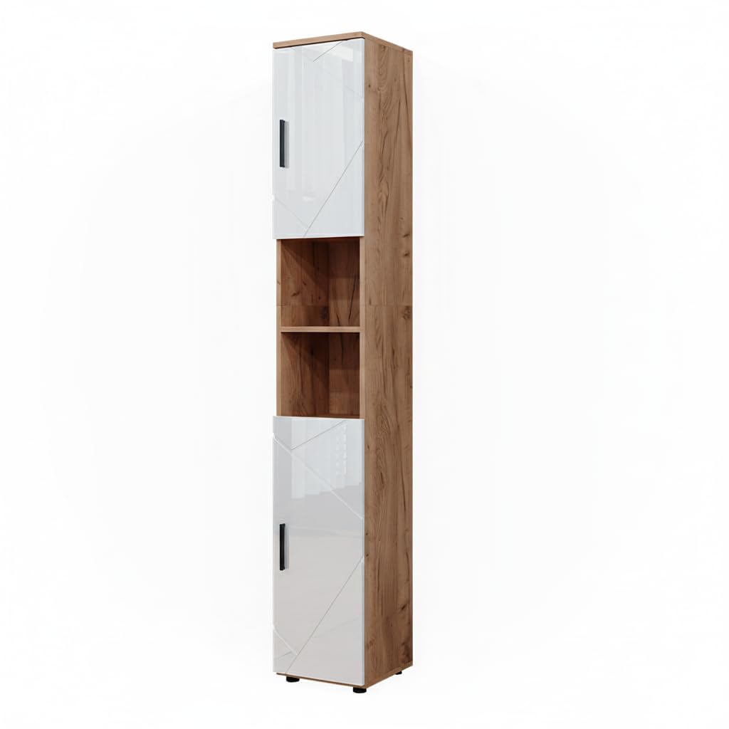 Vicco Badschrank Irma, Weiß Hochglanz/Goldkraft Eiche, 30 x 192 cm mit Türen, und offenen Fächern, zur Aufbewahrung von Badutensilien und kompatibel mit Irma-Serie