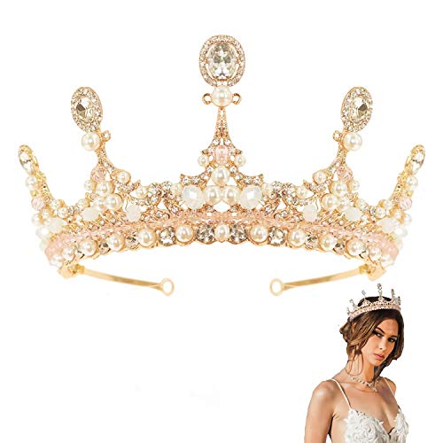 Gold Crown for Women Girls Crystal Queen Crown Princess Tiara for Christmas Party Bride Elegant Rhinestone Wedding Crown with Faux Pearls Exquisite Hair Crown for Pageant and Prom