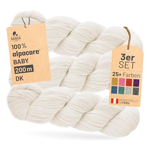 HANSA-FARM | Alpacare 100% die 1. maschinenwaschbare Baby Alpakawolle - 300 Set DK (3 x 100g) - Noch weicher, kratzfreier & langlebiger - Alpaka Wolle zum Stricken & Häkeln - Natur