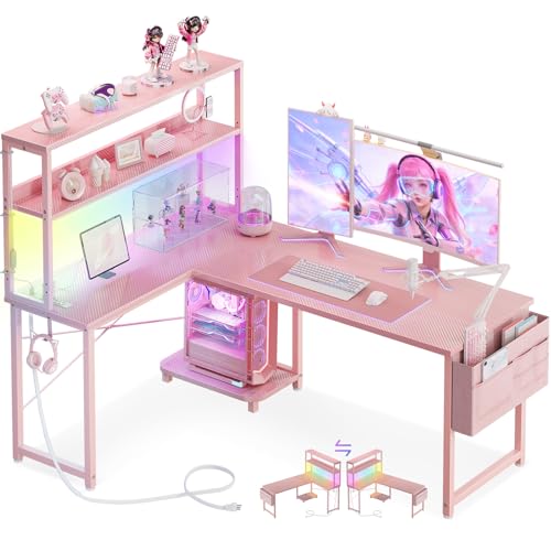 AODK L Shaped Desk Gaming Desk with LED Light & Power Outlet 53 Inch Reversible L Shaped Computer Table with Shelf & Storage Bag & Hook for Home Office Pink