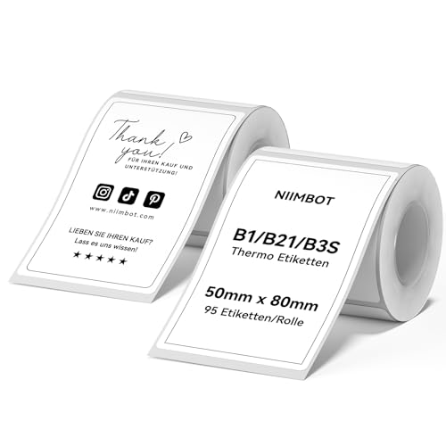 2 x Etiketten Kompatibel mit NIIMBOT B1 B21 B3S Etikettendrucker, 50 x 80mm Etikettierpapier, Schwarzer Druck auf Weißem Etikettierpapier, 95 Etiketten/Pro Rolle (Weiß)
