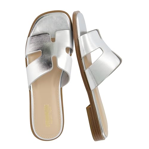 Image of CUSHIONAIRE Voyage Cutout Strap Slides for Women, Slip On Summer Flats, Trendy Footwear, Memory Foam Vegan Leather Comfortable Vacation Style Sandals