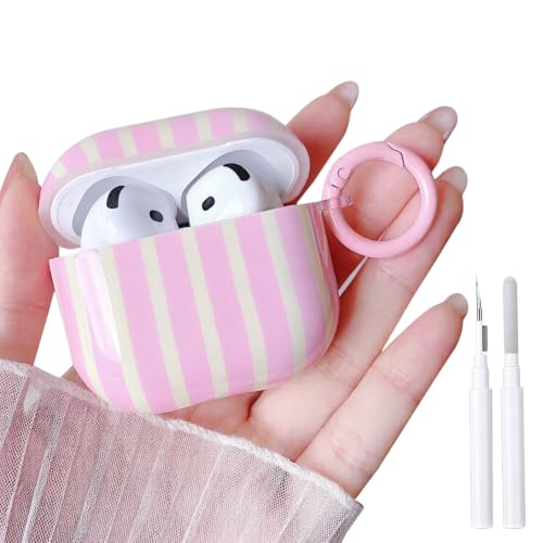Image of MINSCOSE for AirPods 4 Case,Cute Striped Aesthetic Pattern Design with Trendy Keychain Ring,Soft TPU Protective Shockproof Cover with Cleaner Kit for Girls Women for Airpods 4-Yellow Pink