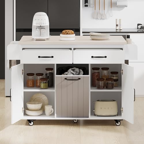 Ball & Cast Kitchen Island with Trash Can Storage Cabinet,Kitchen Cart W/Drop Leaf,Spice Rack,Towel Rack and Drawers,Rolling Kitchen Islands on Wheels W/Adjustable Shelf for Dining Room,White Oak