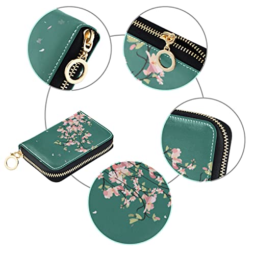 OTVEE Blossom Cherry Tree Branches Green RFID Credit Card Wallet, Microfiber Leather Zipper Card Case Holder for Wo3