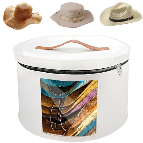 Hachera Caja De Almacenamiento Para Sombrero, Portátil Viaje Sombreros Guardar, Cajas Para Sombreros Con Tapas, Caja Organizadora de Sombreros de Viaje Redonda Plegable(Beige)