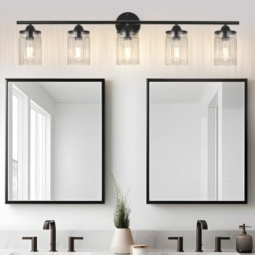 Image of Jonsi Bkack Bathroom Light Fixtures 5-Light Vanity Lights Modern Wall Sconce with Clear Glass Shade Bathroom Light Fixture Over Mirror for Bedroom Hallway Kitchen