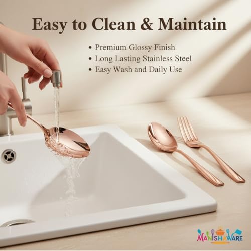 Image of Classic Rose Gold 16 Pcs Stainless Steel Cutlery Set for Dining Table, Dishwasher Safe Glossy Flatware (Perfect Spoon Fork Set)