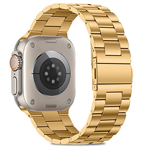 Image of HITZEE Compatible with Apple Watch Ultra Band 49mm Business Stainless Steel Metal Strap Men Women Link Bands Compatible for Apple Watch Ultra 3 /2 /1, 49mm Gold