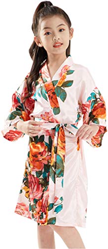 QXQTER Peony Floral Silk Kimono Robe Wedding Bridesmaid Robes Dressing Gown Nightgown for Girls3