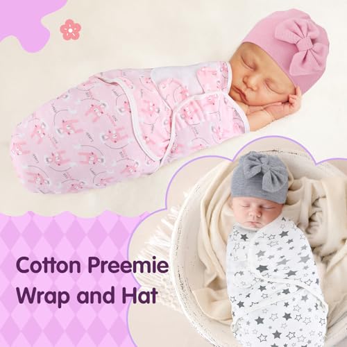 Image of Fanfanwin 5 Pack Preemie Swaddle Blanket Wrap with Hat Set Cotton Preemie Baby Clothes Hat Receiving Blanket for 3-7 Lbs Newborn Boys Girls(Bow)