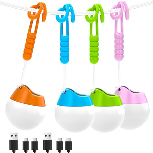 LETMY Rechargeable Camping Lights, 4 Pack Portable Tent Lights with 4 Lighting Modes, 150LM Mini Camping Lantern Waterproof, Only 20g Hanging Tent Lantern for Hiking Power Outages Emergency Kids Gift