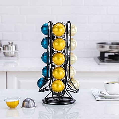 Flagship Coffee Pod Holder Carousel Stand Storage for Nespresso Vertuoline, Small Size 360-Degree Rotation WIre Metal Black (20 Pods) Cover