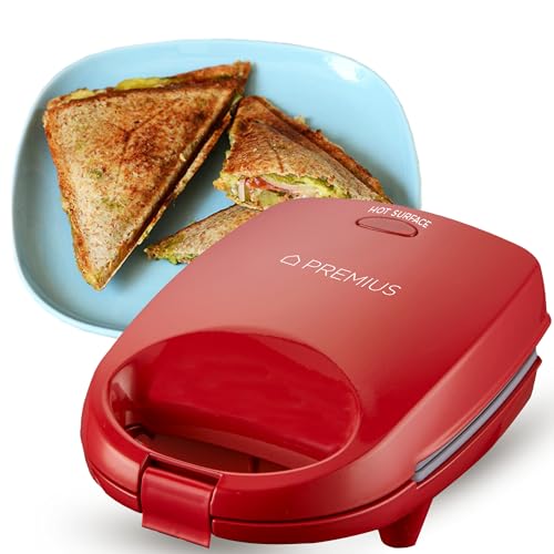 PREMIUS Ceramic NonStick Mini Snack Sandwich Maker, Indicator Light, 5x4.4 Inch Mold, Great for French Toast, Tuna Melt, Egg & Grilled Cheese, Pancake Sandwich, Desserts, Toasties, 520 W (Red)