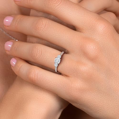 Gem Stone King 925 Sterling Silver Gemstone Birthstone and White Moissanite Ring | 5MM and 3MM Cushion | 3-Stone Wedding Engagement Anniversary Ring For Women | Available In Size 5, 6, 7, 8, 94