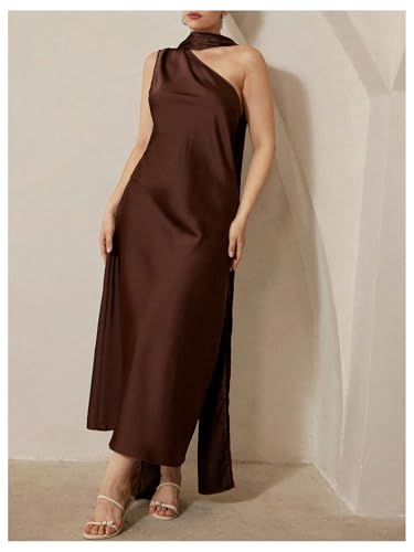 SOLY HUX Women's Plus Size One Shoulder Satin Dress Sleeveless Party Prom Midi Dresses with Scarf4