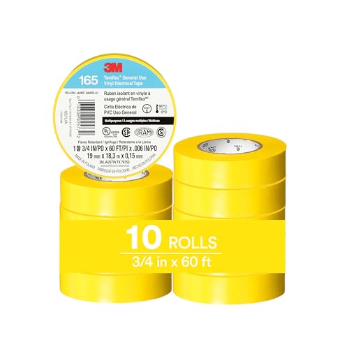Image of 3M Temflex Vinyl Electrical Tape 165, 3 /4 in x 60 ft, Yellow, 10 Roll Pack