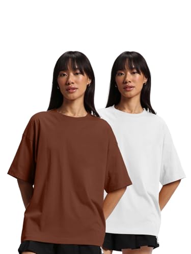 Image of JUNEBERRY Pure Cotton Drop Shoulder Oversized Baggy Fit Half Sleeve Plain Solid Round Neck Multicolor T-Shirt for Women & Girls (Pack of 2) (Sizes S-2XL)