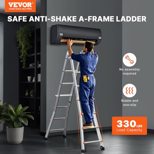 VEVOR Teleskopleiter mit A-Rahmen, 4,5 m Lange, kompakte Aluminium-Ausziehleiter, multifunktionale, Wohnmobilleiter, Teleskopleiter für Hausaufgaben, Treppen, Innen- und Außendächer, 150 kg Tragkraft