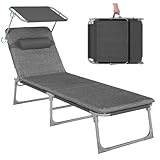 SONGMICS Bain de Soleil, Chaise Longue Pliable, 193 x 53 x 29 cm, Capacité de 150 kg, avec Pare soleil, Matelas, Appuie Tête, Dossier Réglable, pour Jardin, Piscine, Terrasse, Gris Foncé GCB19UM