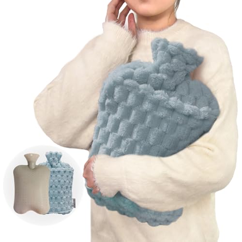 Hot Water Bottle with Softer Cover 3L Extra Large Hot Water Bag with Hand Pocket for Hot Cold Compress Long Lasting Warmth for Bed & Feet Light Blue