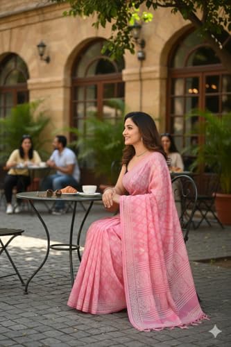 Image of Handmade Mulmul Cotton Printed Saree For Women Handloom Saree (Baby Pink)