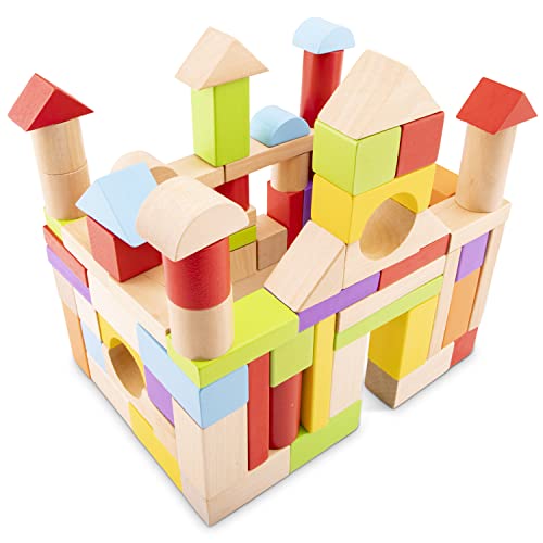New Classic Toys 10812 drewniane klocki konstrukcyjne w bębnie edukacyjna zabawka percepcyjna dla dzieci w wieku przedszkolnym dla małych dzieci chłopców dziewczynek, wielokolorowa, 100 sztuk