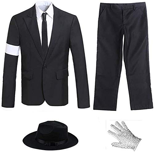 Luming Traje Negro de Baile con Brazalete Peligroso para Adultos y niños para Cosplay Disfraz de Michael Jackson (Negro, Height:4.11(Slim Fit)) Cover