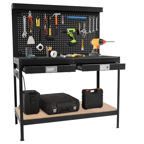48 in Workbench, Heavy Duty Metal Steel Tool Storage Work Table, 2 Tier Work Table for Garage with Pegboard, 2 Drawers and Shelf, Multifunctional Work